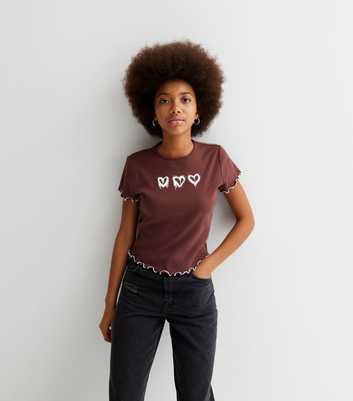Girls Dark Brown 3 Heart Frill Trim Top
