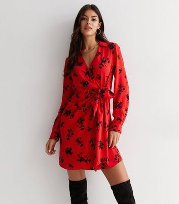 Red Floral Long Sleeve Mini Wrap Dress 