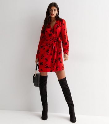 Red Floral Long Sleeve Mini Wrap Dress New Look