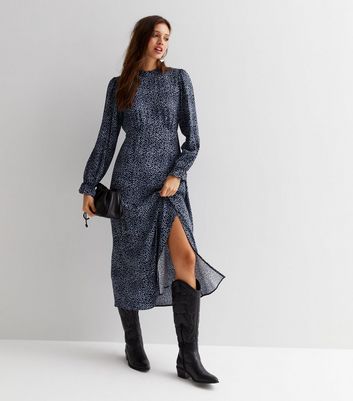 Blue Animal Print High Neck Long Puff Sleeve Split Hem Midi Dress