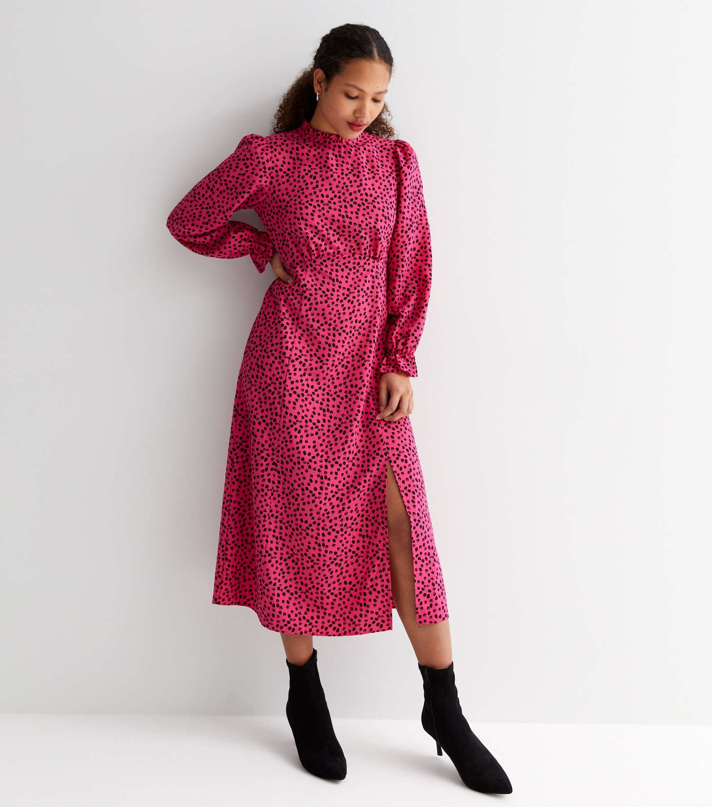Pink Animal Print High Neck Long Puff Sleeve Split Hem Midi Dress