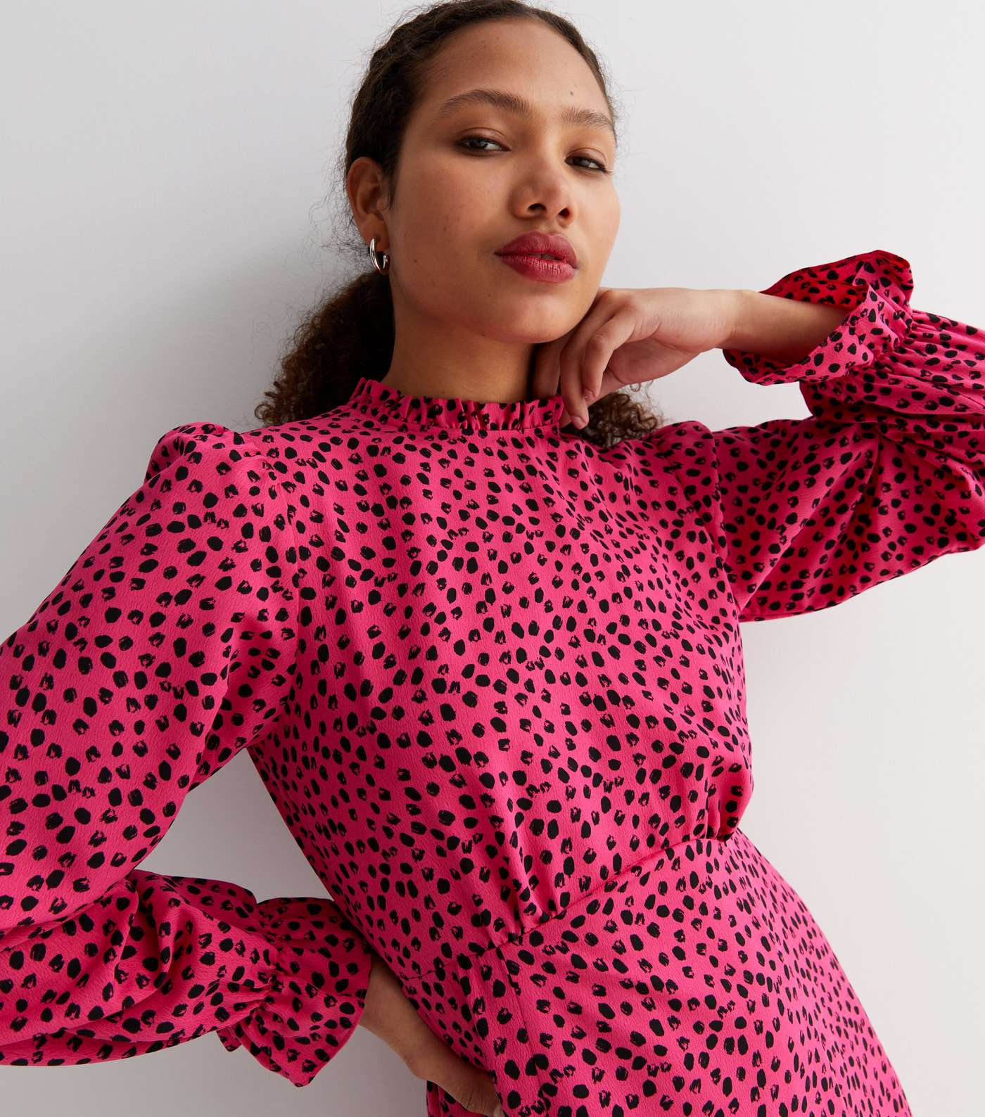 Pink Animal Print High Neck Long Puff Sleeve Split Hem Midi Dress Image 3