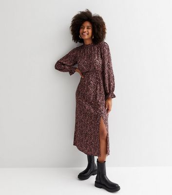 Black Mark Making High Neck Long Puff Sleeve Split Hem Midi Dress