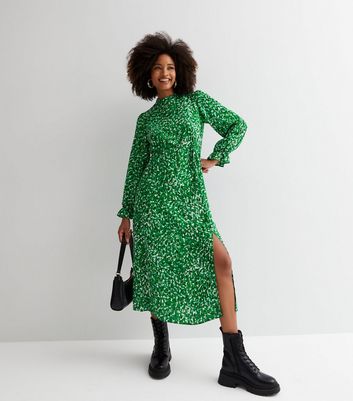 Green Abstract High Neck Long Puff Sleeve Midi Dress