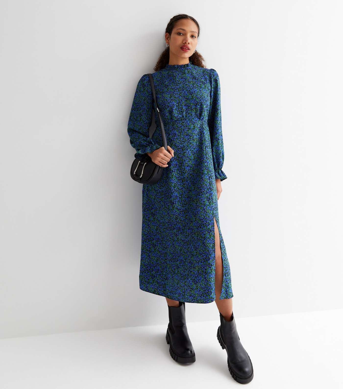 Blue Floral High Neck Long Puff Sleeve Midi Dress Image 2