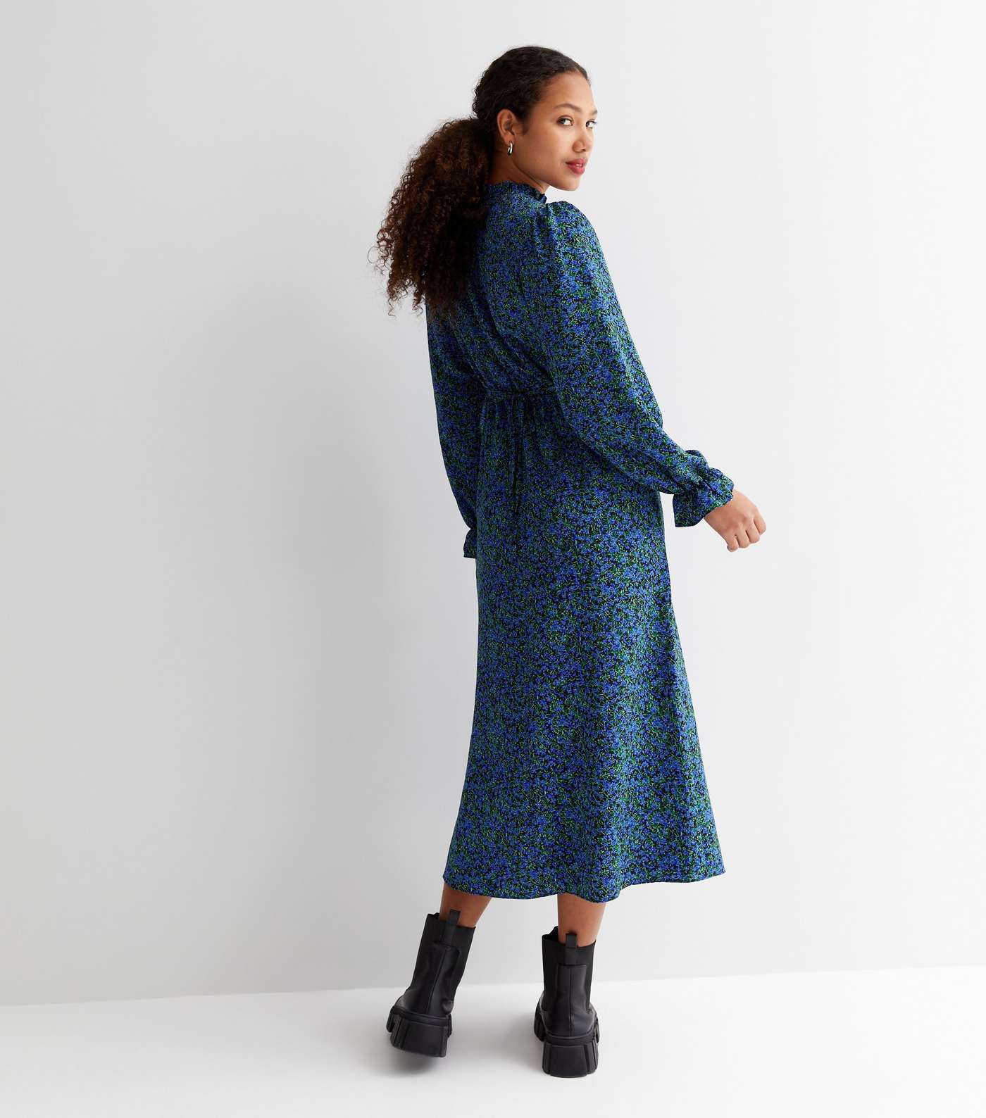 Blue Floral High Neck Long Puff Sleeve Midi Dress Image 4