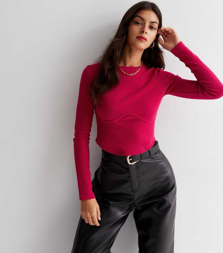Bright Pink Corset Bust Seamed Long Sleeve Top