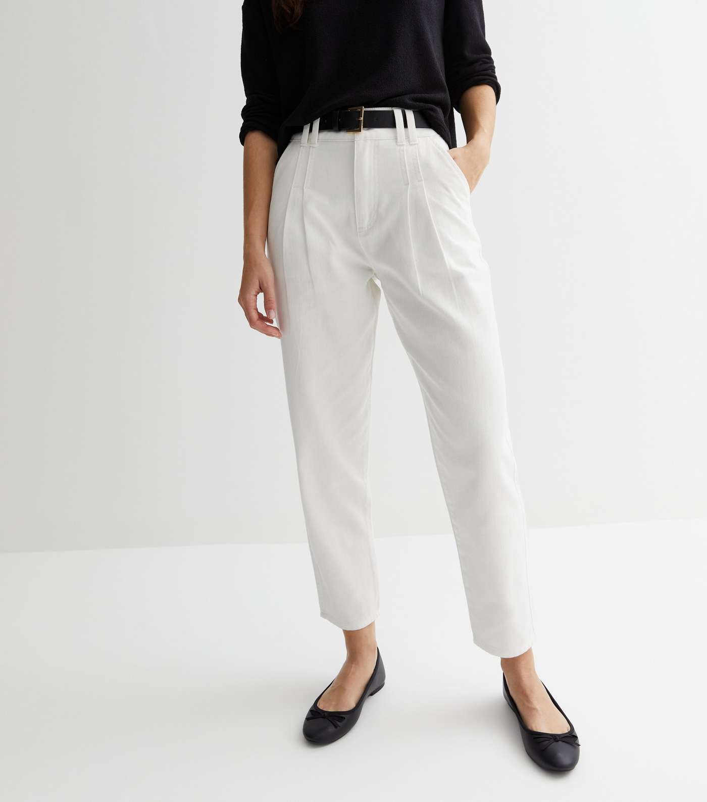 Off White Denim Belted Crop Trousers Image 3