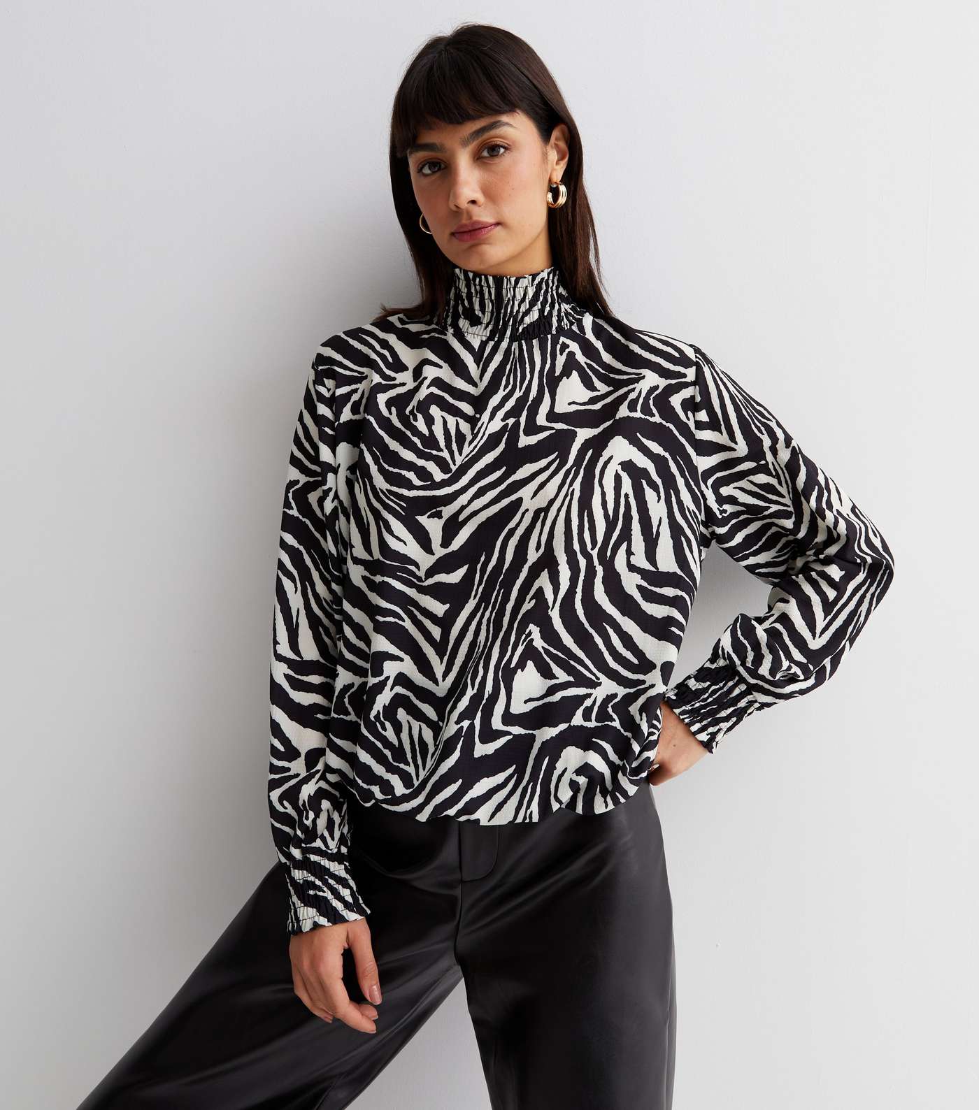Cameo Rose Black Zebra Print Shirred High Neck Long Sleeve Blouse Image 3