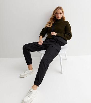 Black Cotton Cuffed Cargo Trousers New Look
