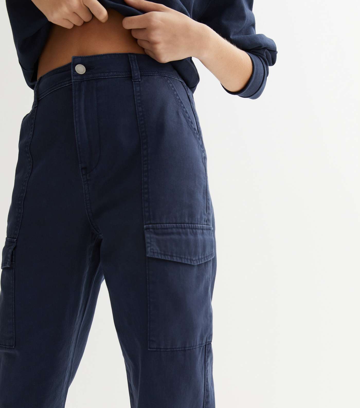 Navy Cotton Cuffed Cargo Trousers Image 3