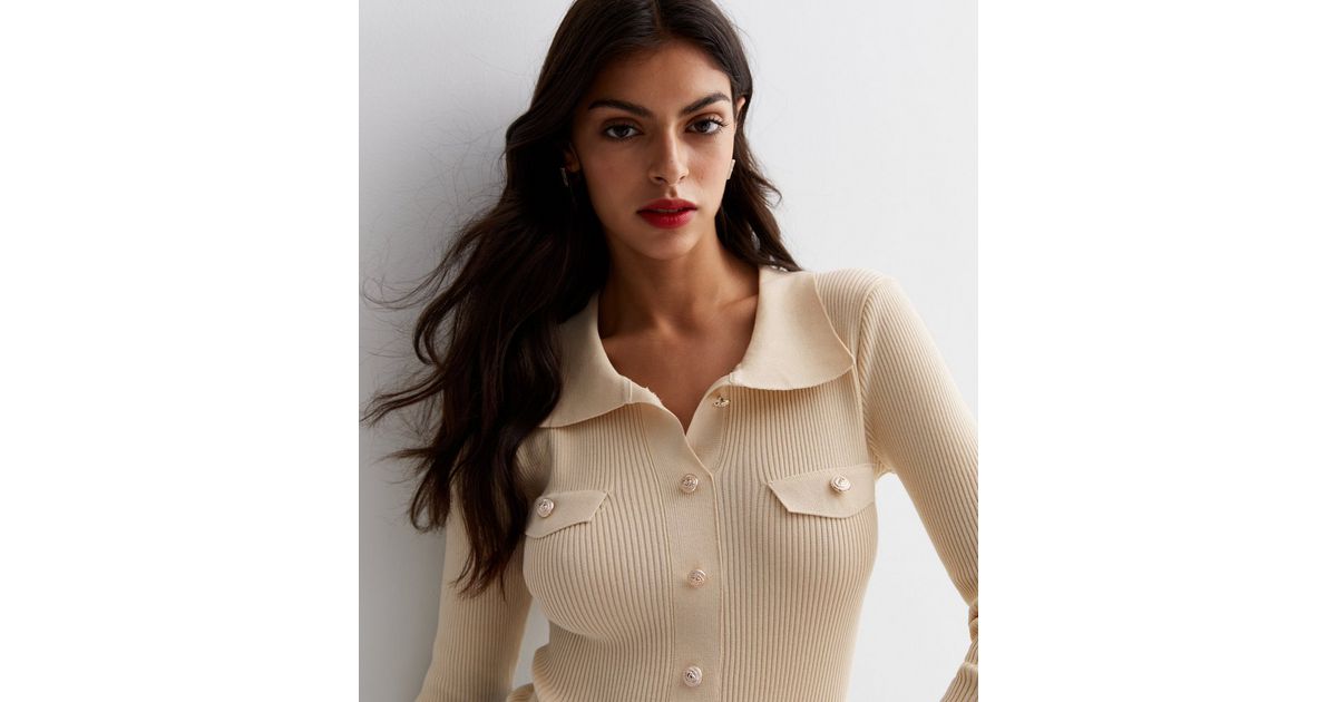 Cameo Rose Cream Knit Collared Button Front Bodysuit | New Look