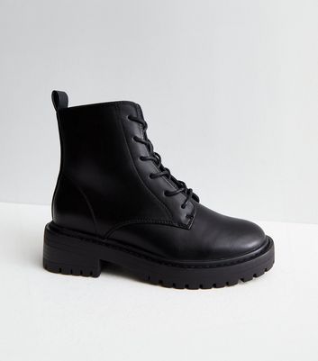 ONLY Black Leather-Look Chunky Lace Up Boots New Look