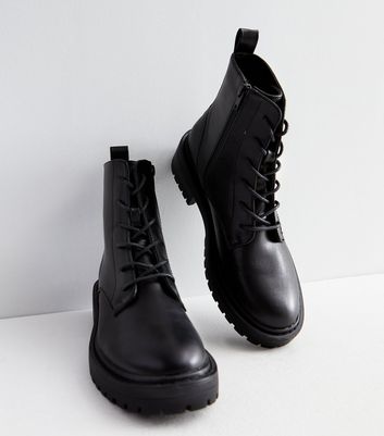 ONLY Black Leather Look Chunky Lace Up Boots New Look