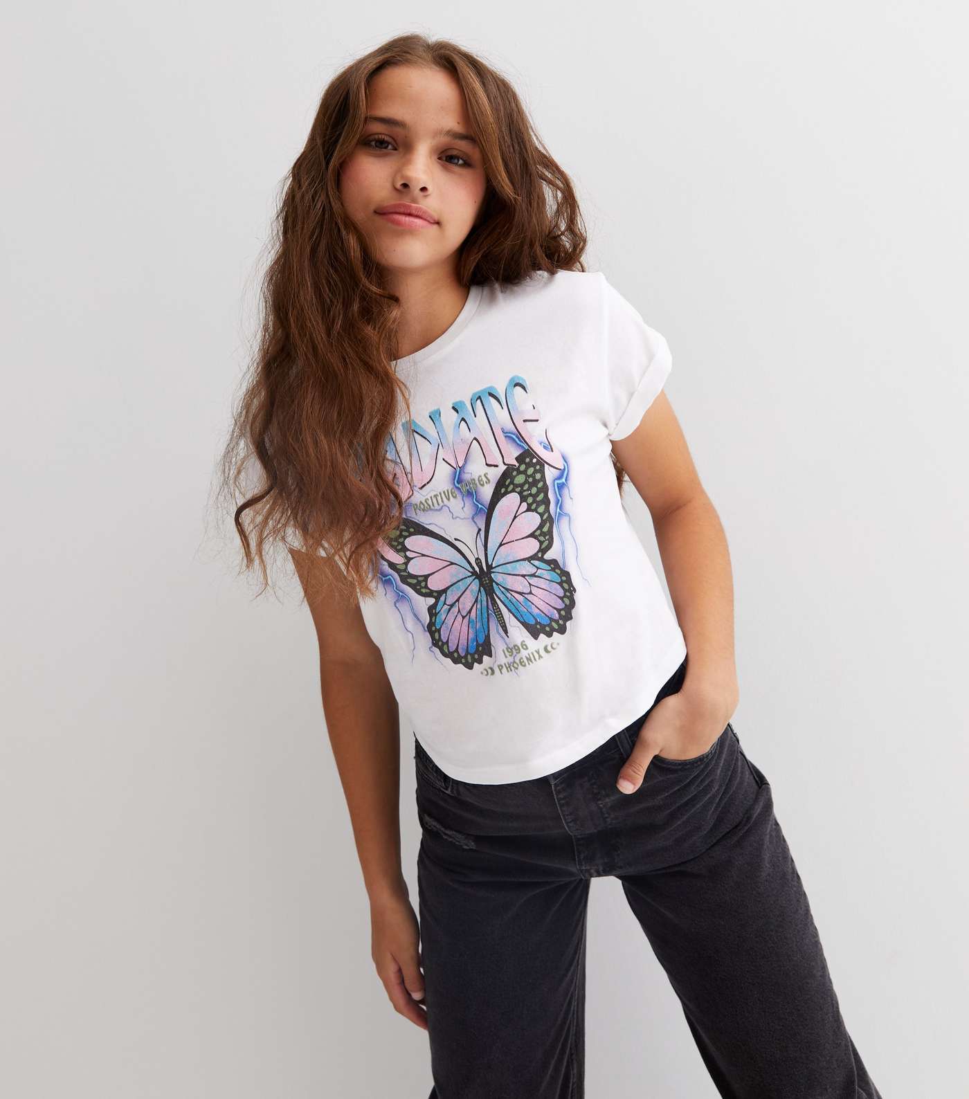 Girls White Butterfly Positive Vibes Logo T-Shirt