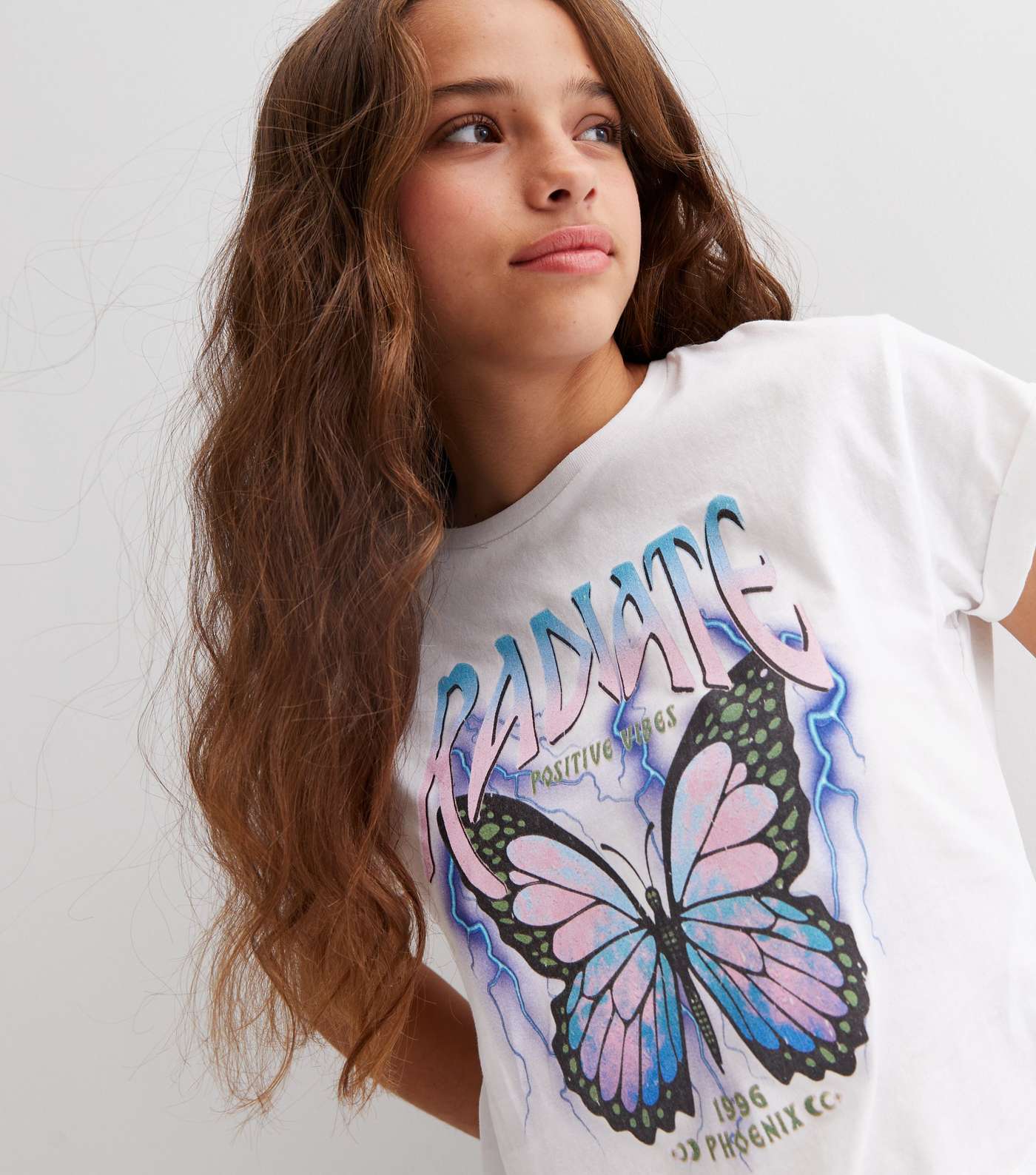 Girls White Butterfly Positive Vibes Logo T-Shirt Image 3