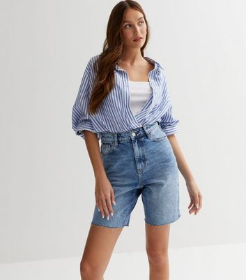 Blue Denim Raw Hem High Waist Bermuda Shorts New Look