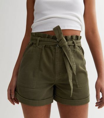Khaki Belted Paperbag Shorts | New Look