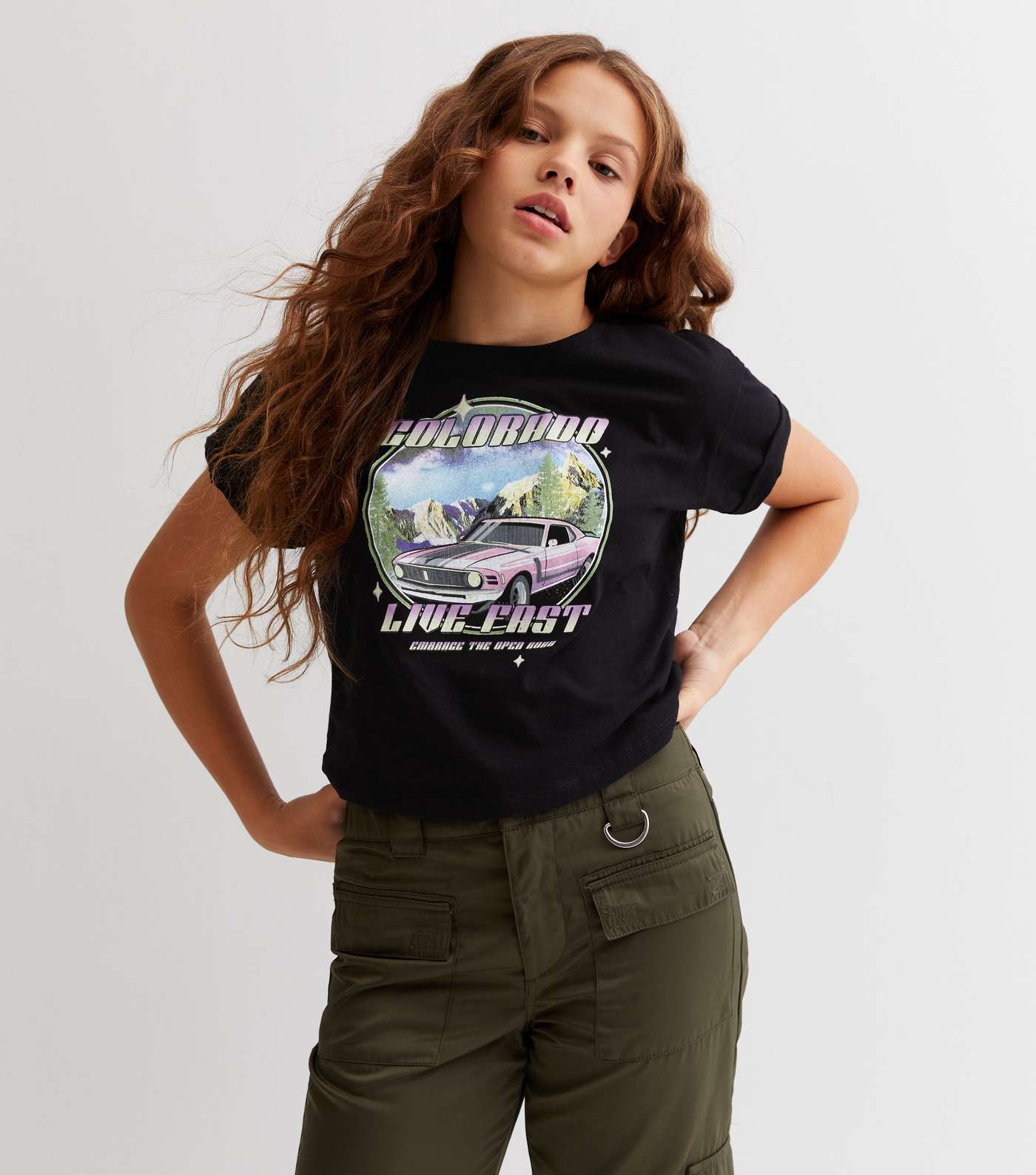 Girls Black Car Colorado Logo T-Shirt Image 3