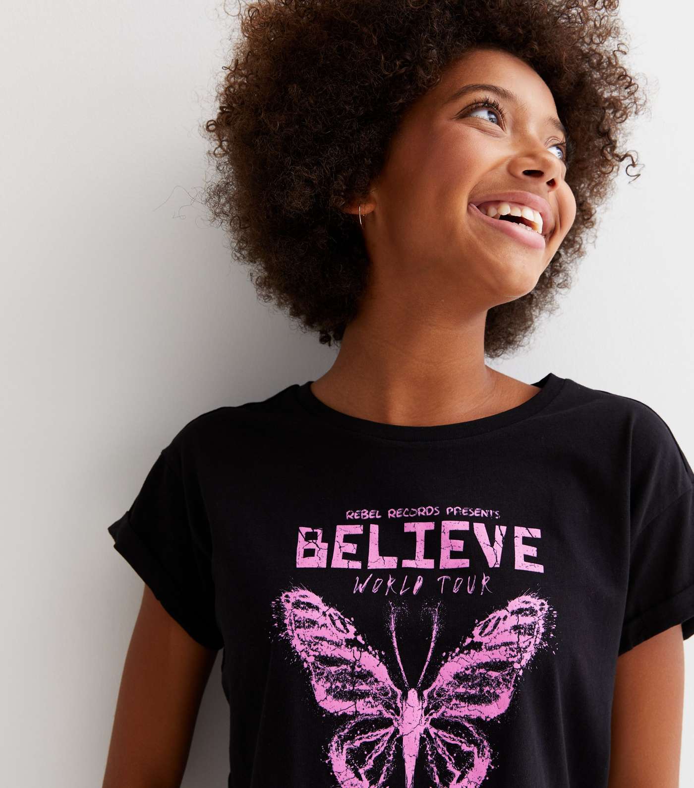 Girls Black Butterfly Believe Logo T-Shirt Image 3