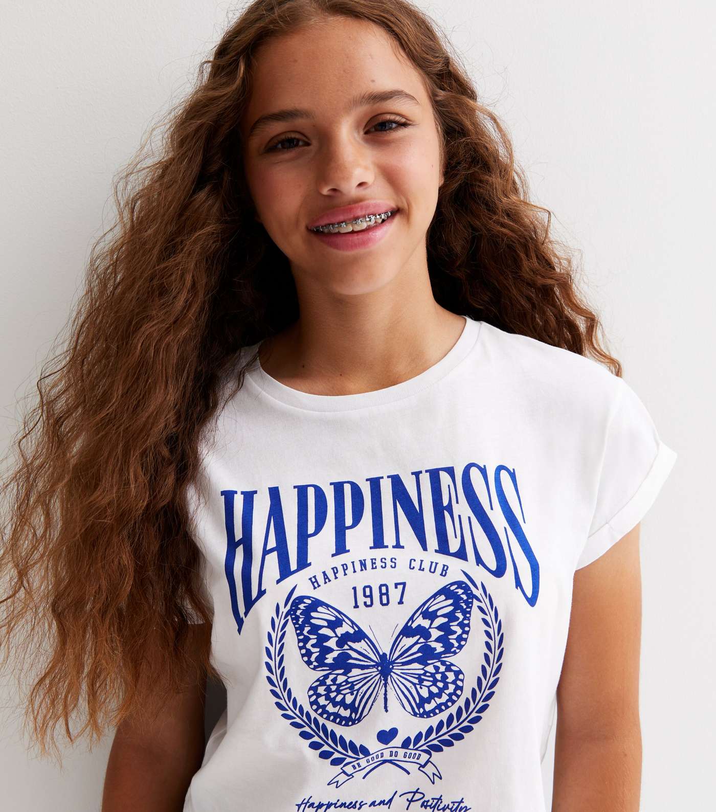 Girls White Butterfly Happiness Logo T-Shirt