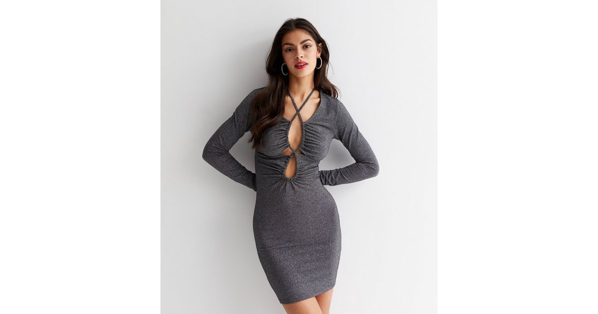 NEON & NYLON Black Glitter Cut Out Bodycon Mini Dress New Look