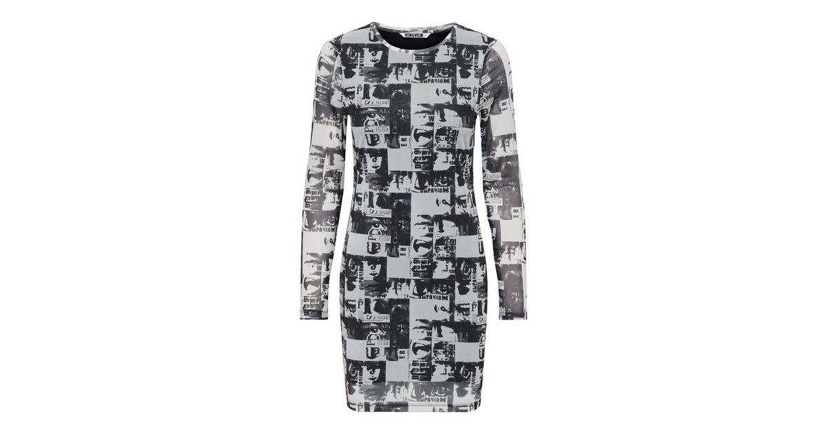 NEON & NYLON Black Newspaper Mesh Long Sleeve Mini Dress | New