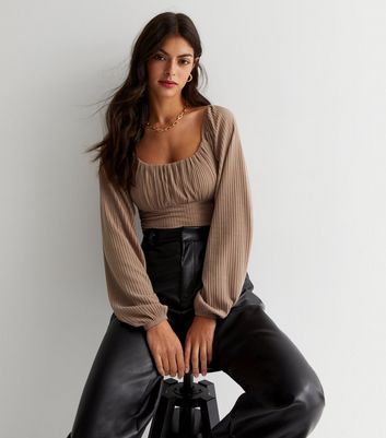 Stone Ribbed Jersey Long Puff Sleeve Bustier Top