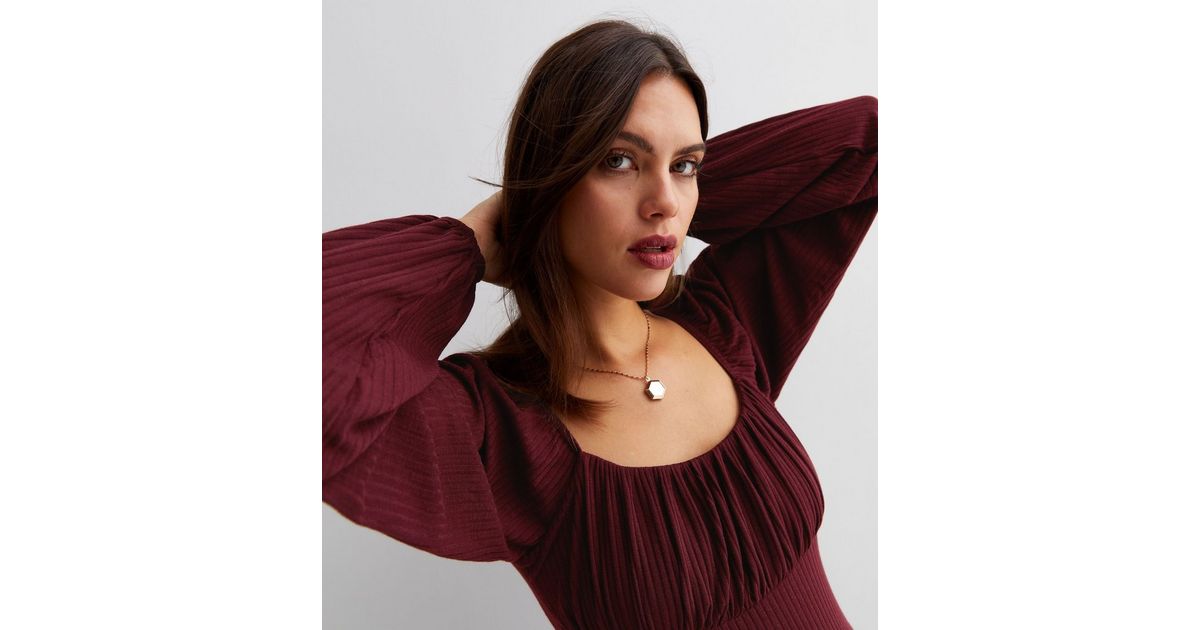 Burgundy Ribbed Jersey Long Puff Sleeve Bustier Top | New Look