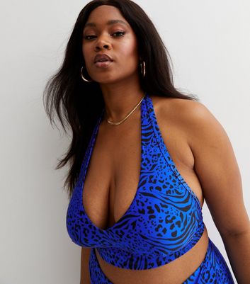 Curves Bright Blue Animal Print Halter Neck Bikini Top New Look