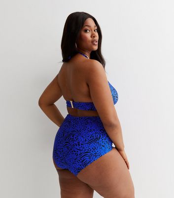 Curves Bright Blue Animal Print High Waist Bikini Bottoms New Look