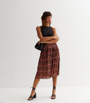 JDY Black Floral Pleated Midi Skirt