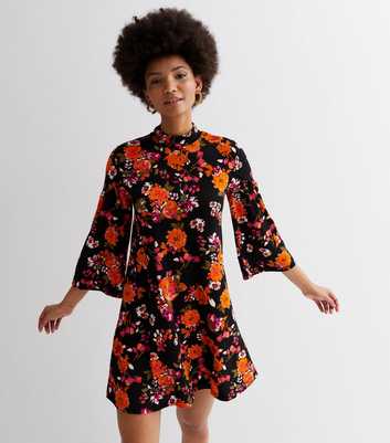 JDY Black Floral Jersey 3/4 Flared Sleeve Mini Dress