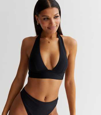 Black Plunging Halter Neck Bikini Top