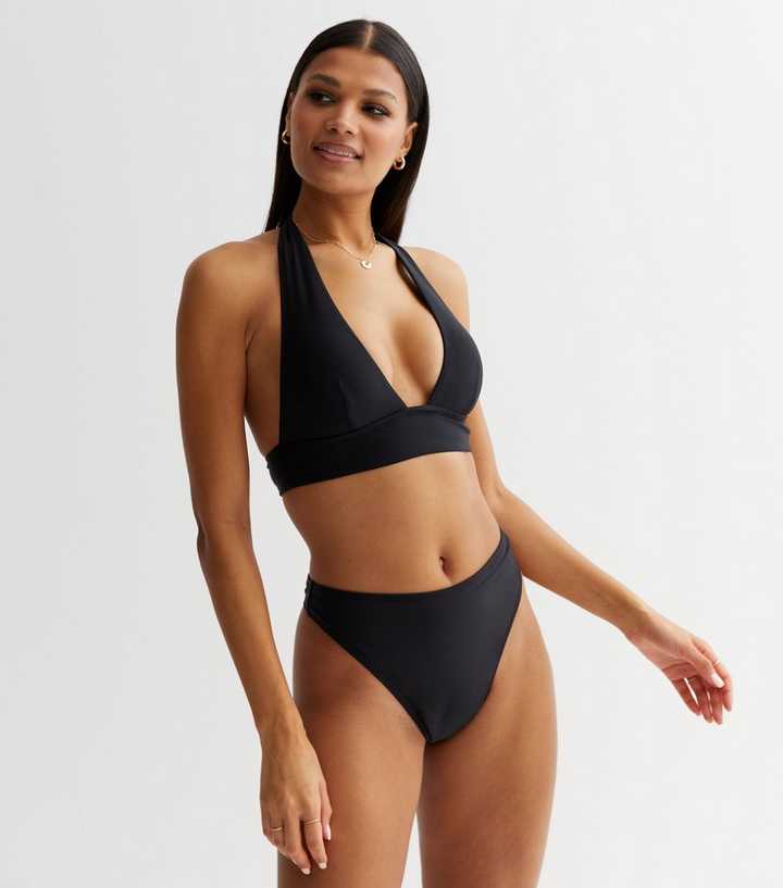 Black Mix Match Fabric Plunge Bikini Top