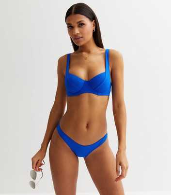 Blue Ribbed Soft Cup Underwired Bikini Top