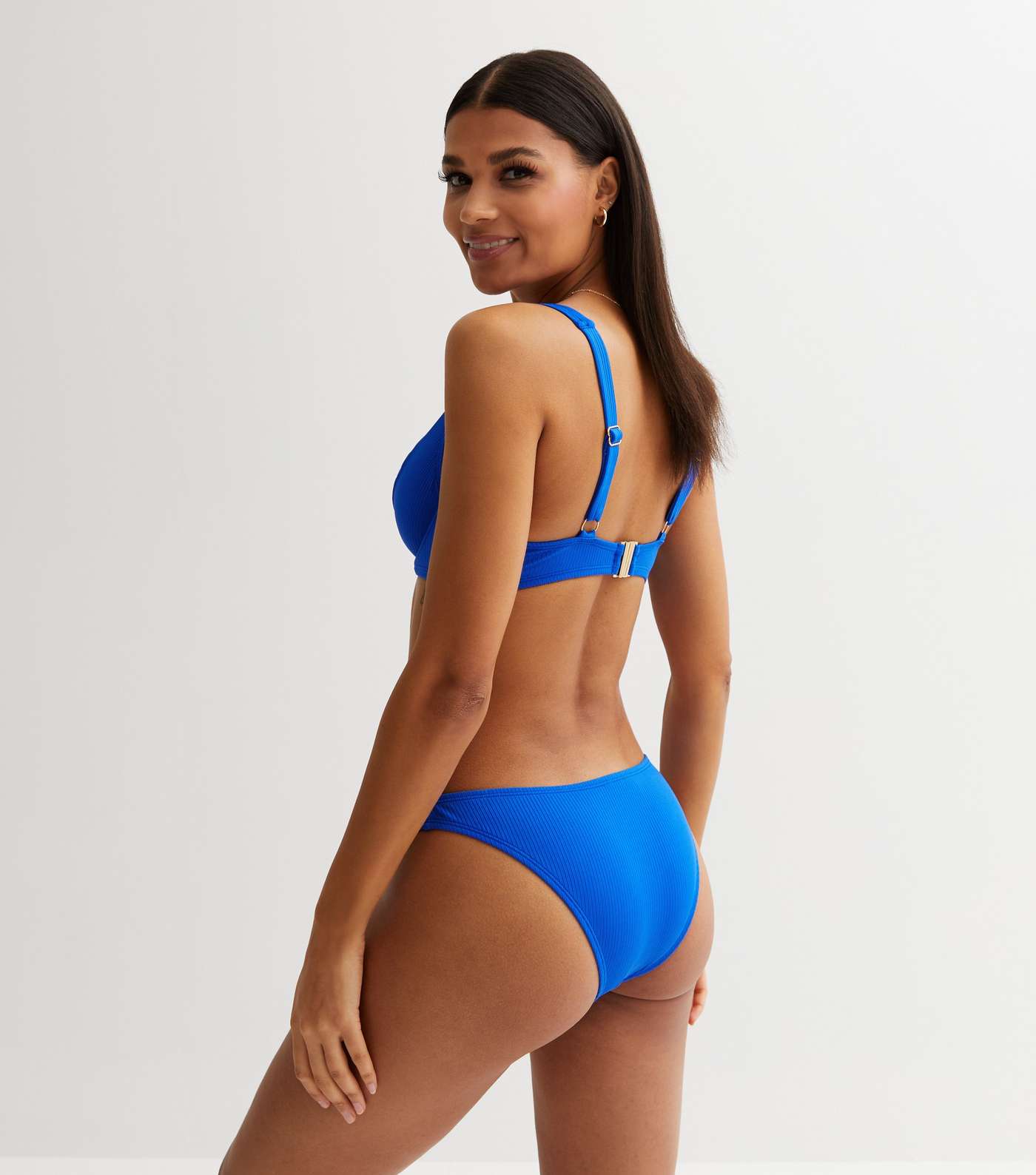 Blue Ribbed Soft Cup Underwired Bikini Top Image 4