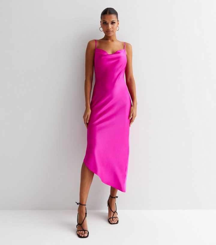 Bright Pink Satin Cowl Neck Strappy Asymmetric Midi Dress | New Look