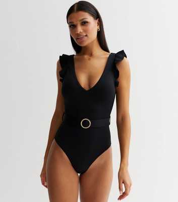 Black Frill Sleeve Belted Swimsuit