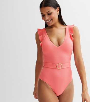 Coral Frill Sleeve Belted Swimsuit
