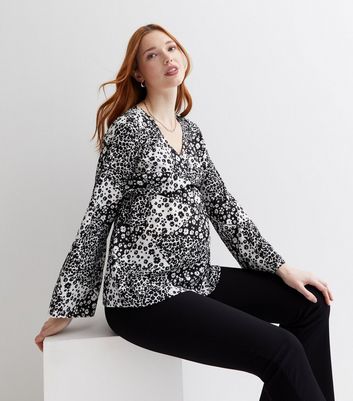 Maternity Black Floral V Neck Long Wide Sleeve Wrap Top