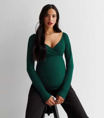 Maternity Dark Green Wrap Long Sleeve Nursing Top