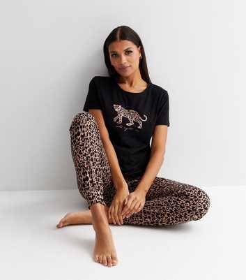 Black Soft Touch Crew Neck Leopard Print Jogger Set