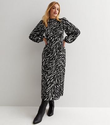 Black Zebra Print High Neck Long Puff Sleeve Split Hem Midi Dress
