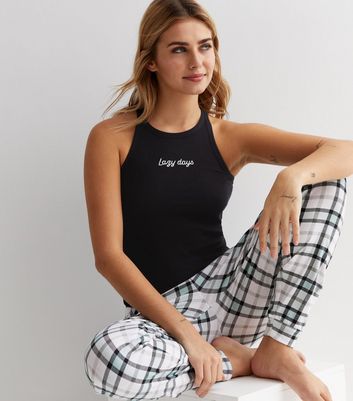 Black Vest Pyjama Set with Check Print