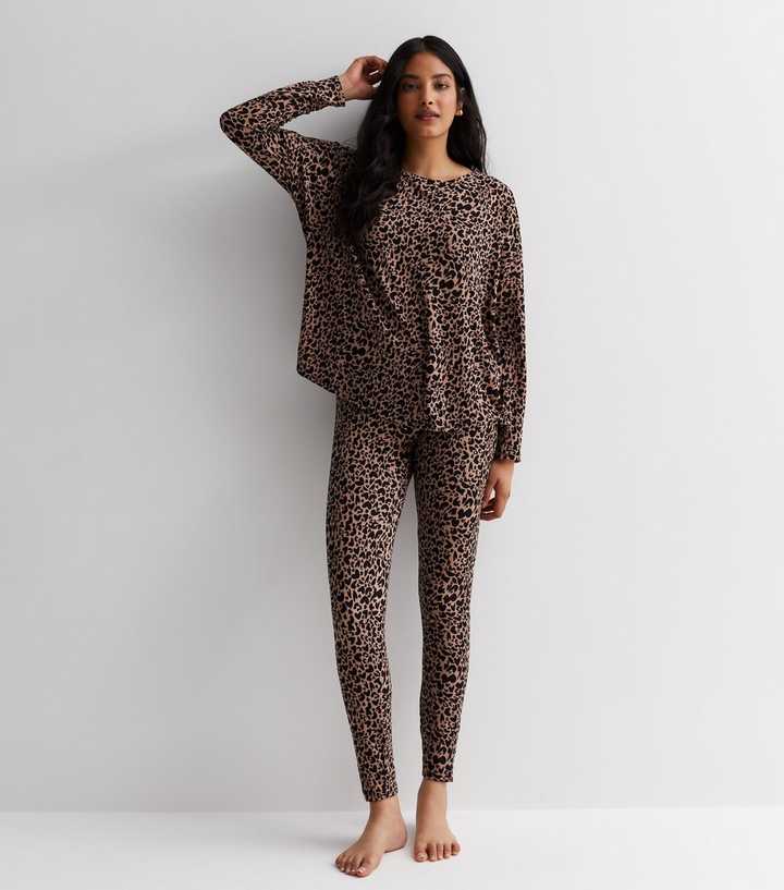 Brown Soft Touch Leggings Pyjama Set with Heart Print