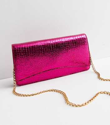 Bright Pink Metallic Faux Croc Clutch Bag