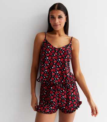 Black Soft Touch Cami Pyjama Set with Lips Print