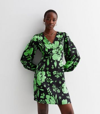 Tall Green Floral Satin Long Sleeve Button Front Mini Dress New Look