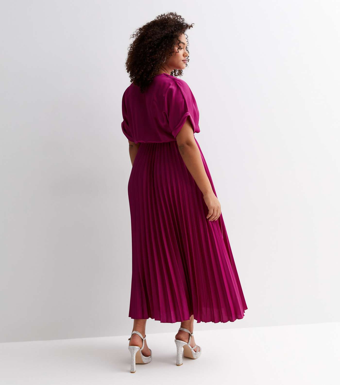 Curves Deep Pink Satin Pleated Midi Wrap Dress Image 4
